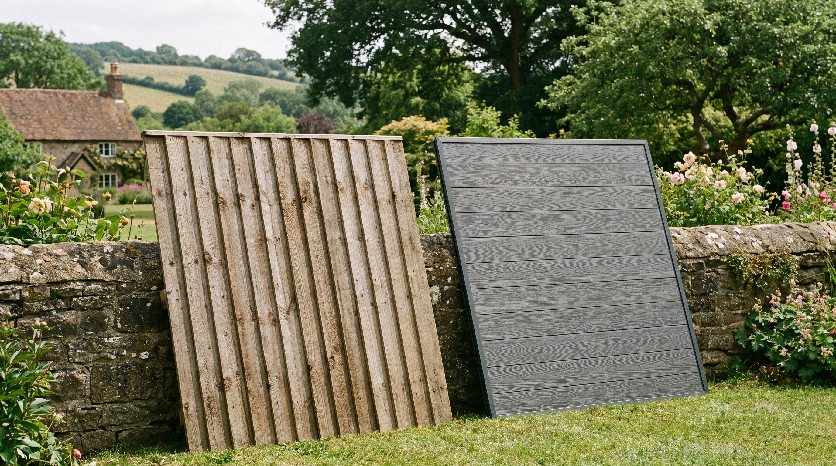 Closeboard timber and anthracite composite fence samples in a Hertfordshire garden