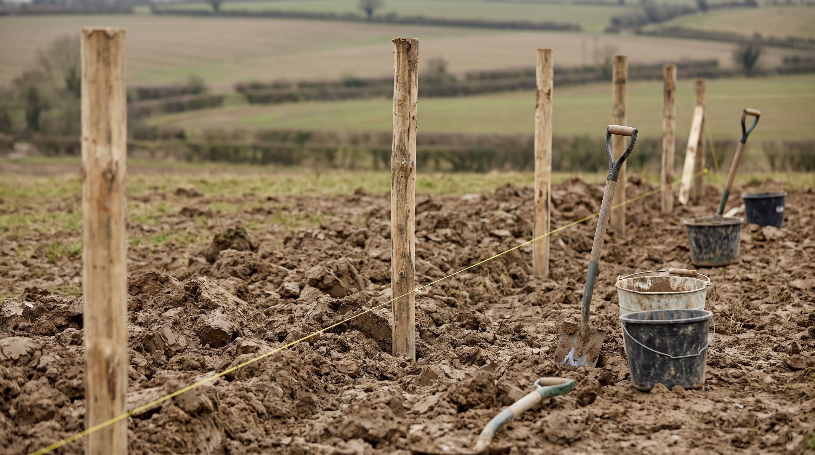 Fence posts set true on a Hertfordshire boundary with a string line
