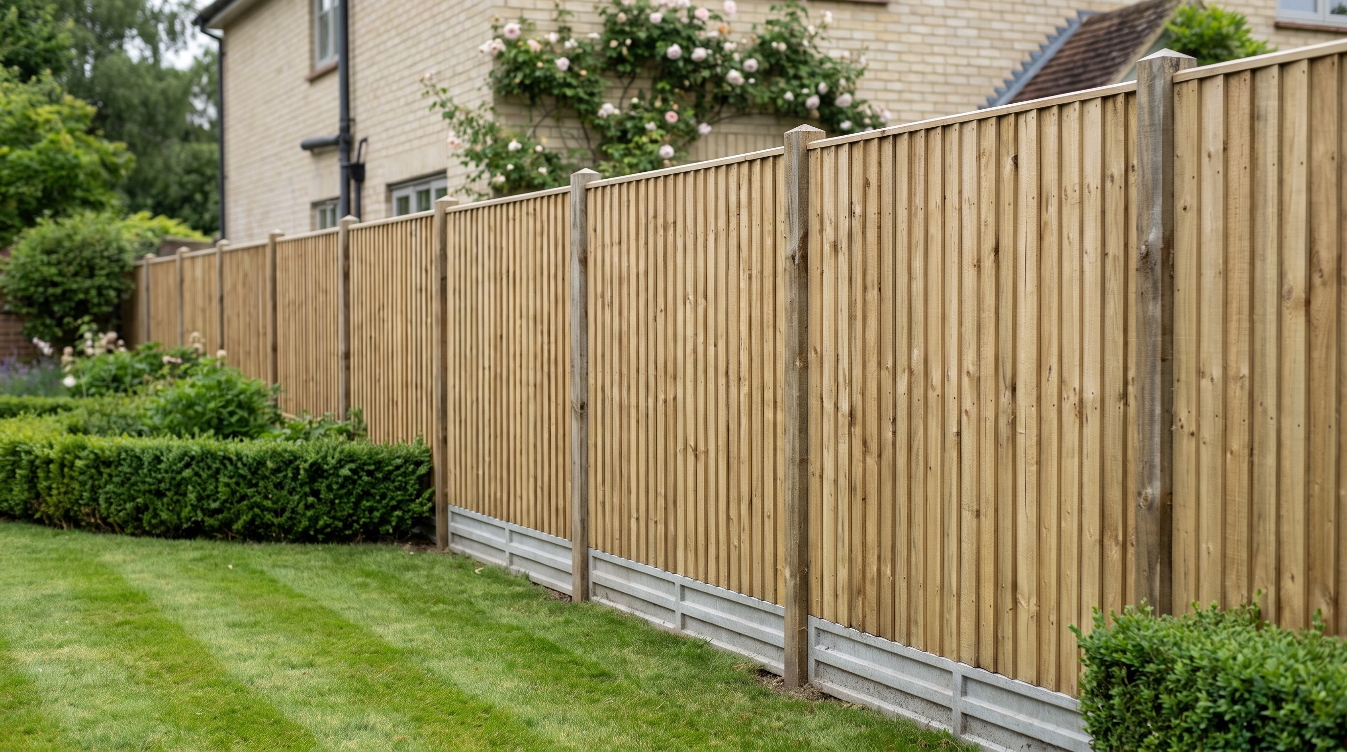 Closeboard timber fencing along a mature Hertfordshire garden