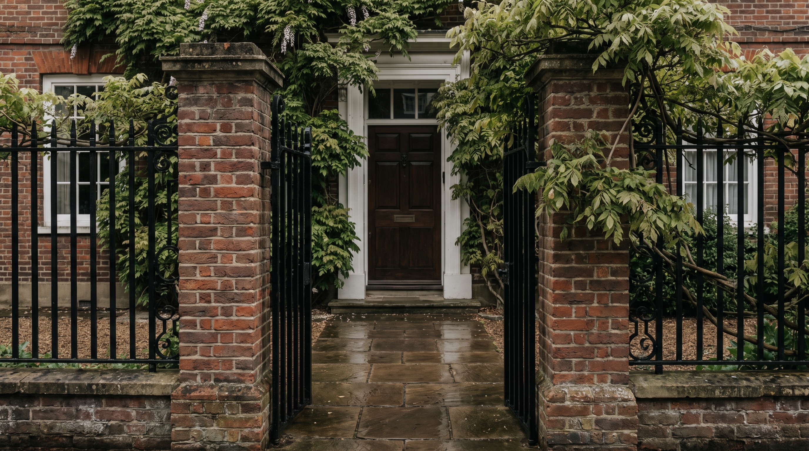 Black metal railings and brick piers on a Hertfordshire townhouse