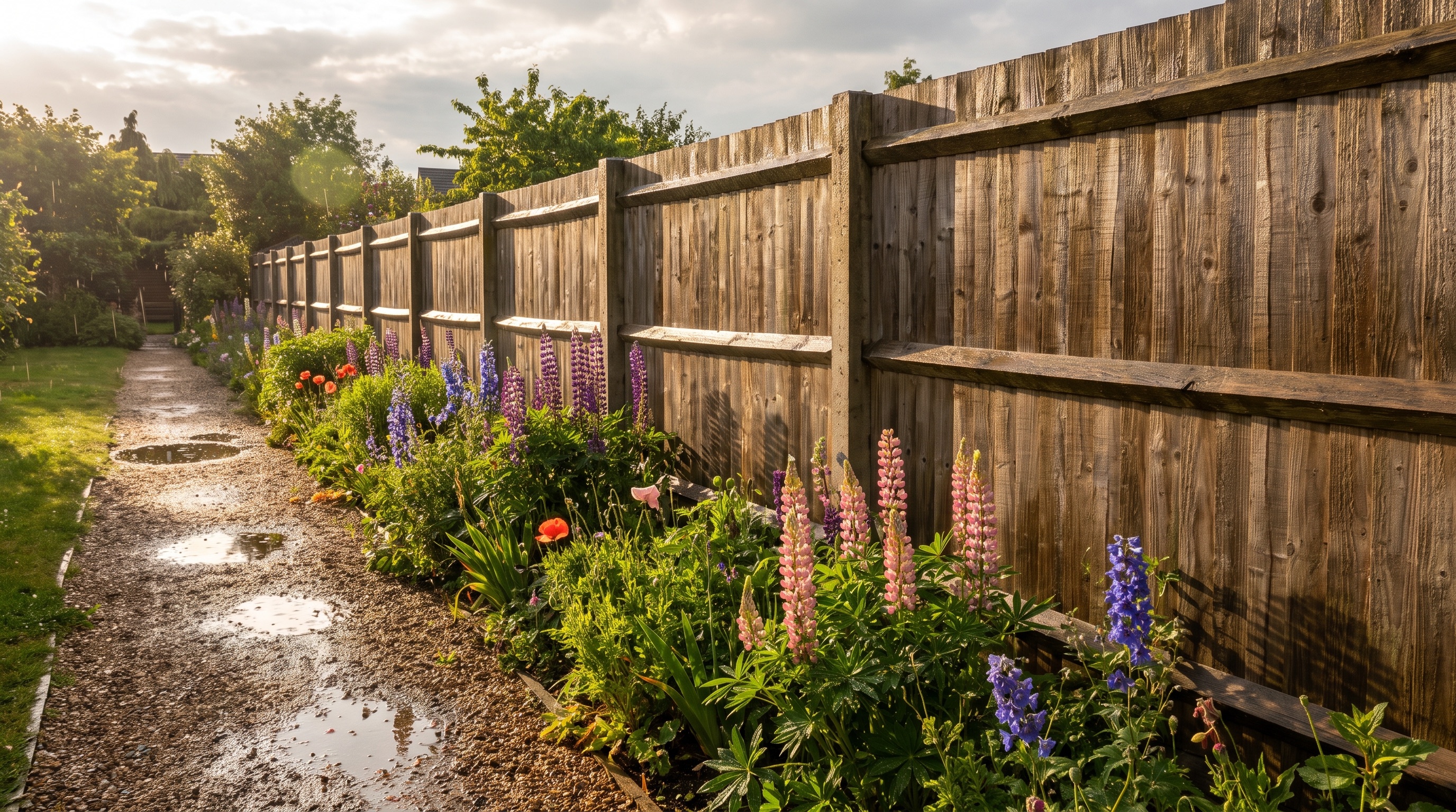 Closeboard garden fence running through a Hertfordshire garden