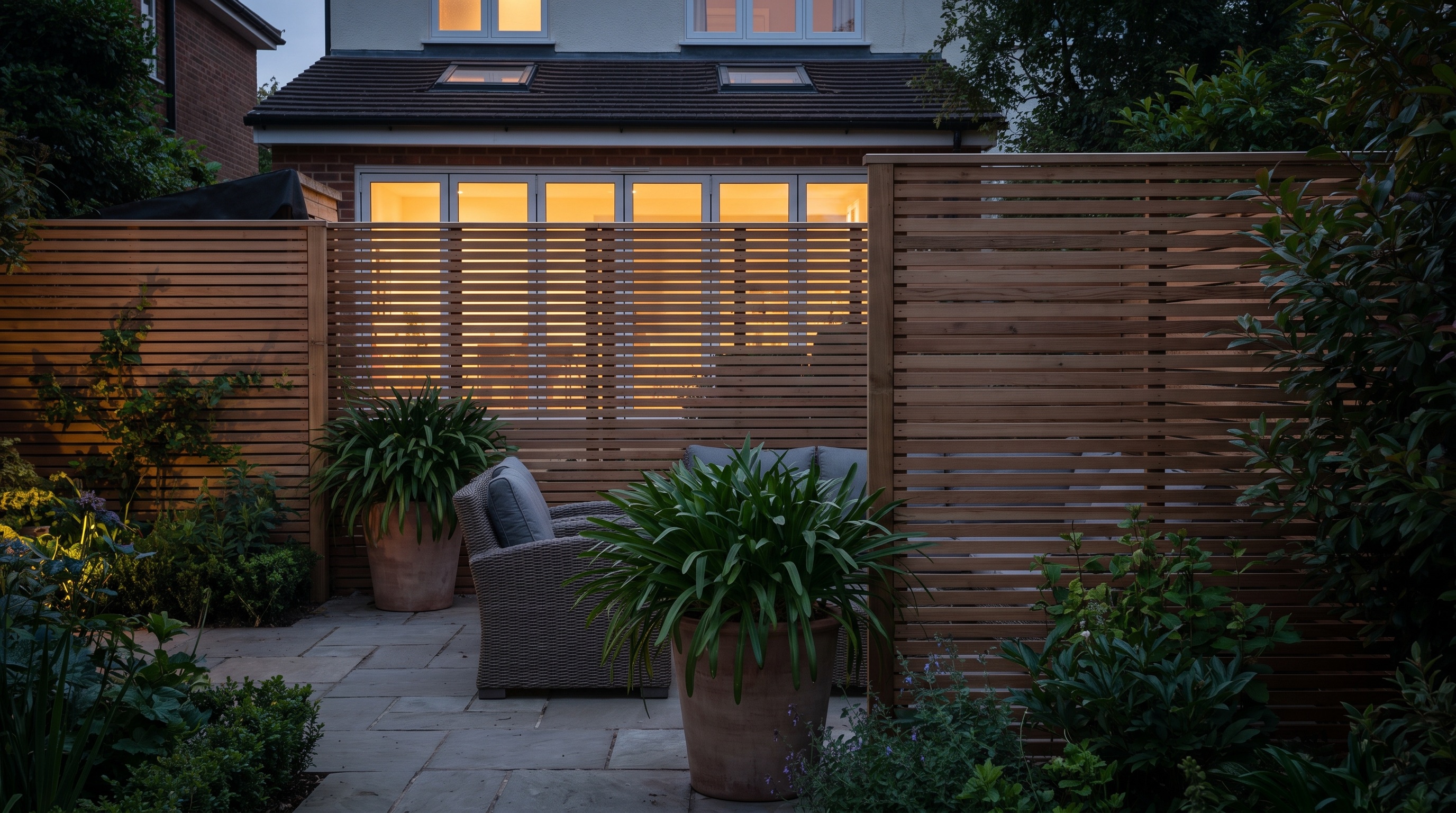 Horizontal slatted fencing at dusk in a Hertfordshire garden