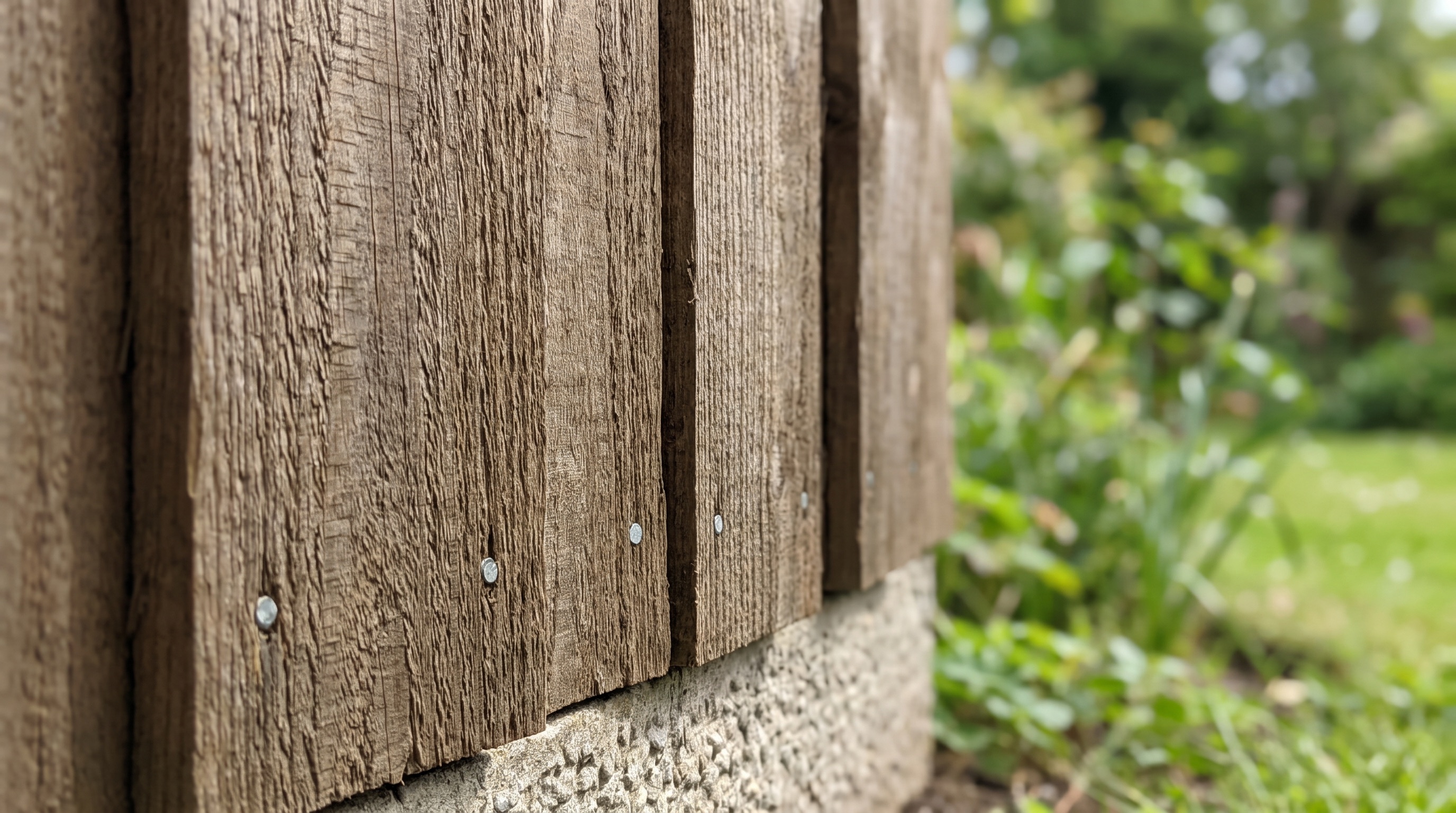 Close study of pressure-treated closeboard featheredge timber and a concrete gravel board