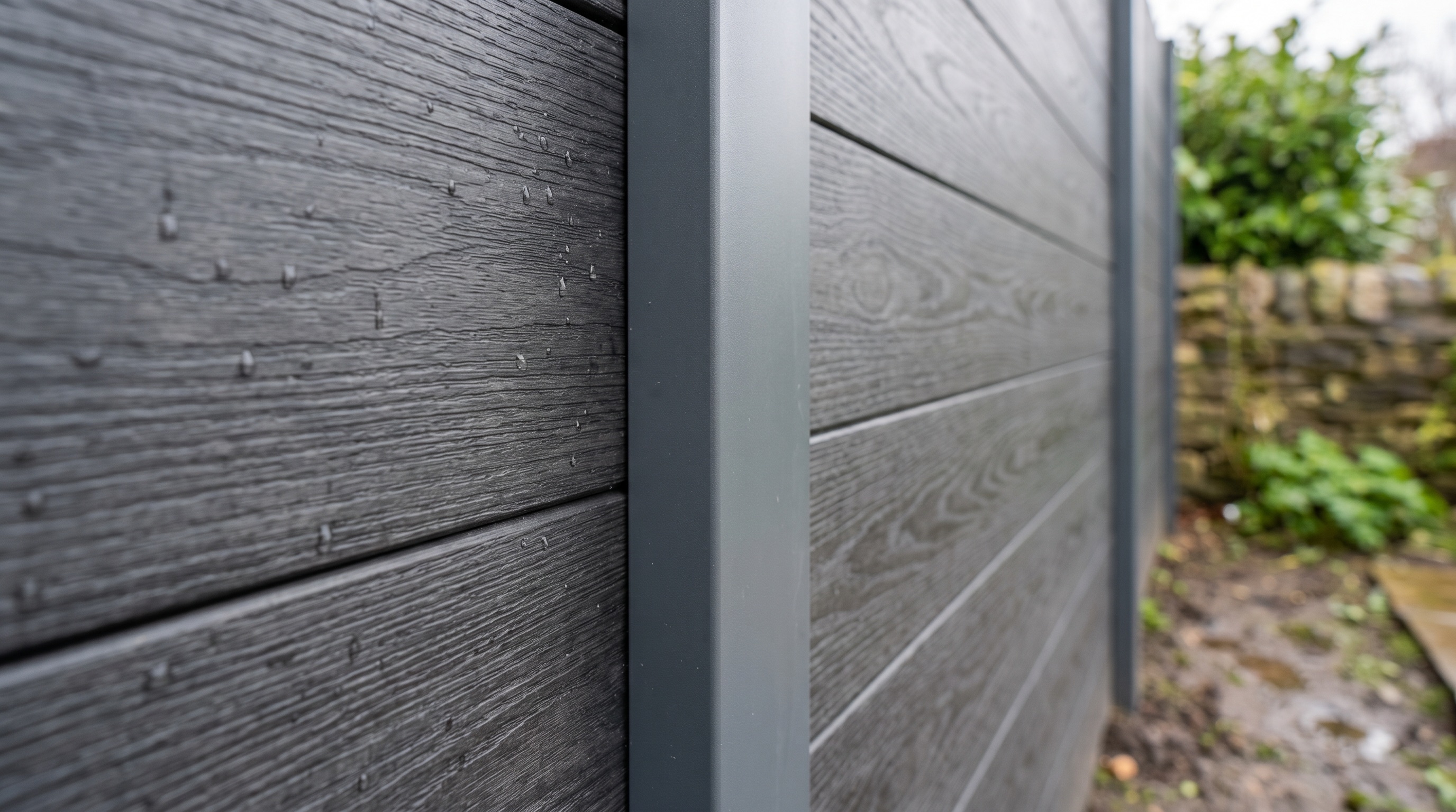 Close study of anthracite wood-grain composite fence boards and an aluminium post