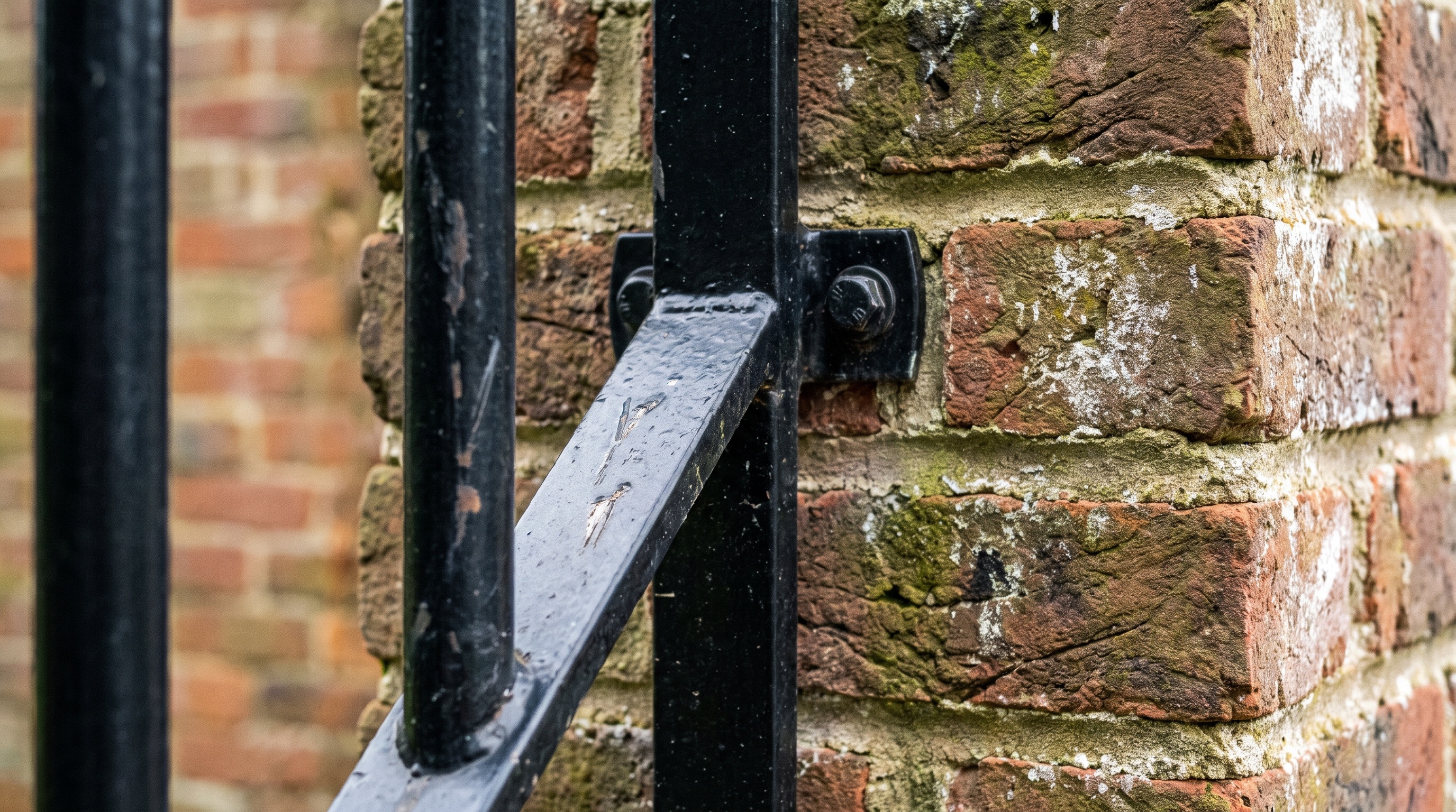 Close study of black powder-coated steel railings against a handmade brick pier