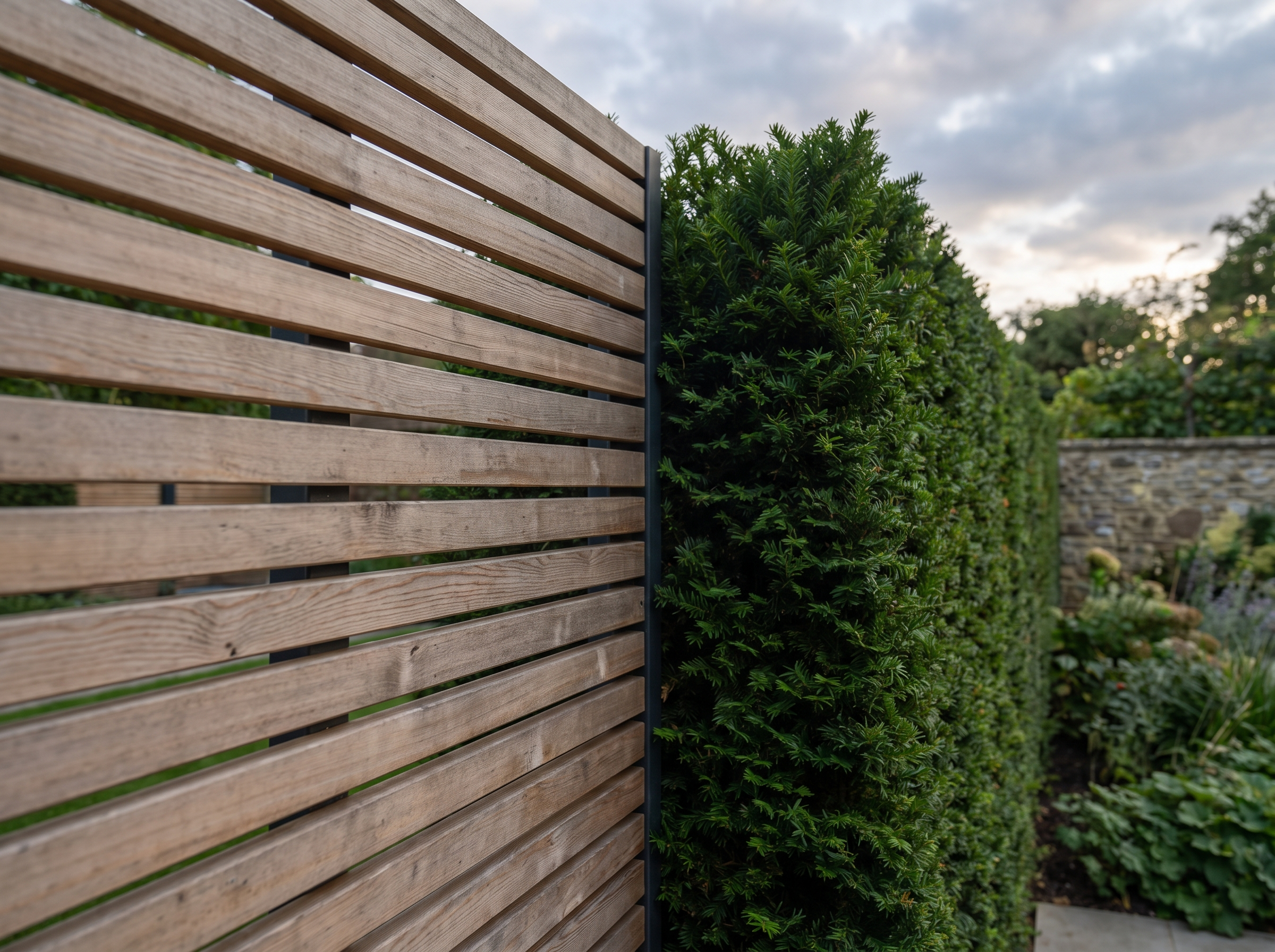 Detail of horizontal slatted timber fencing in Harpenden