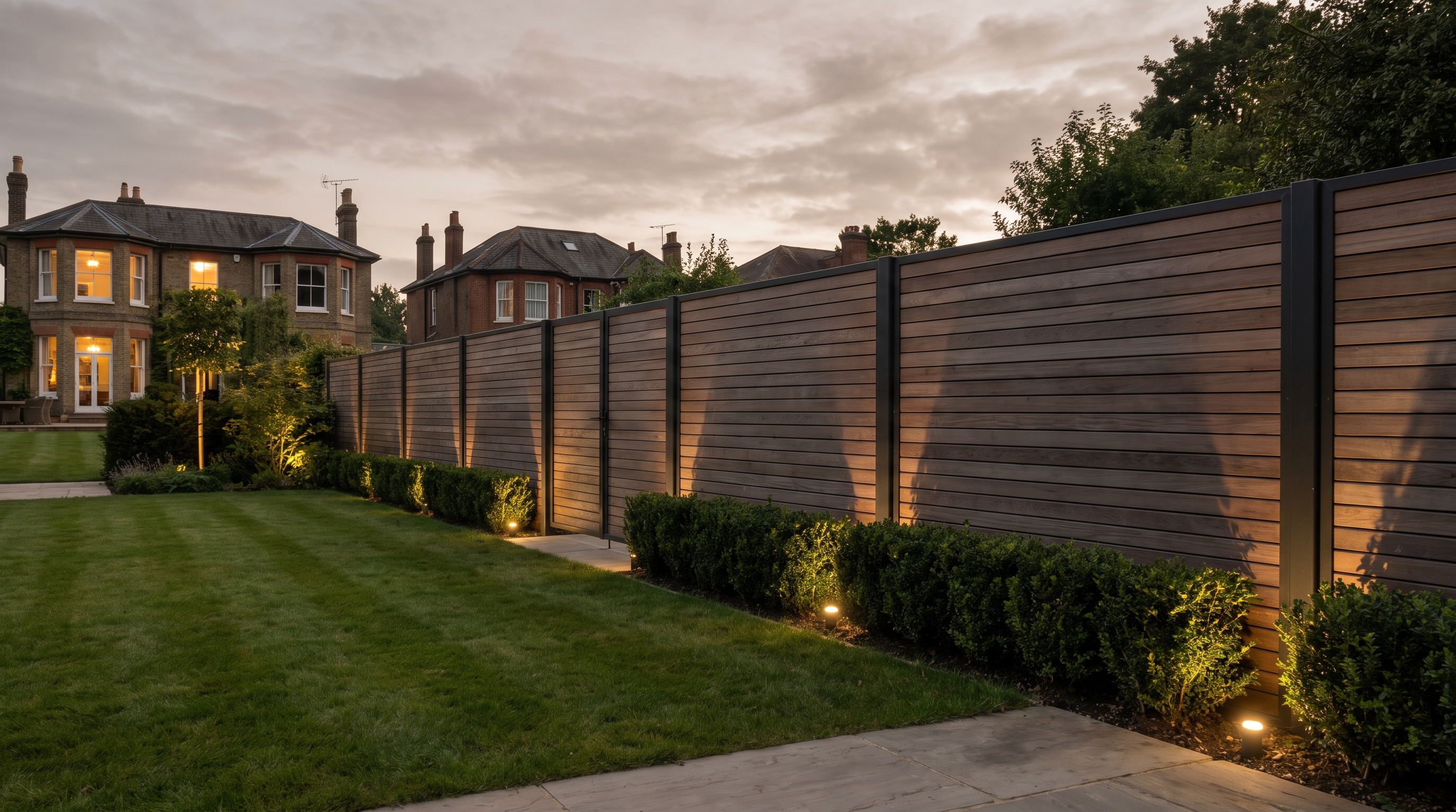 A wide view of horizontal slatted fencing in a Harpenden garden