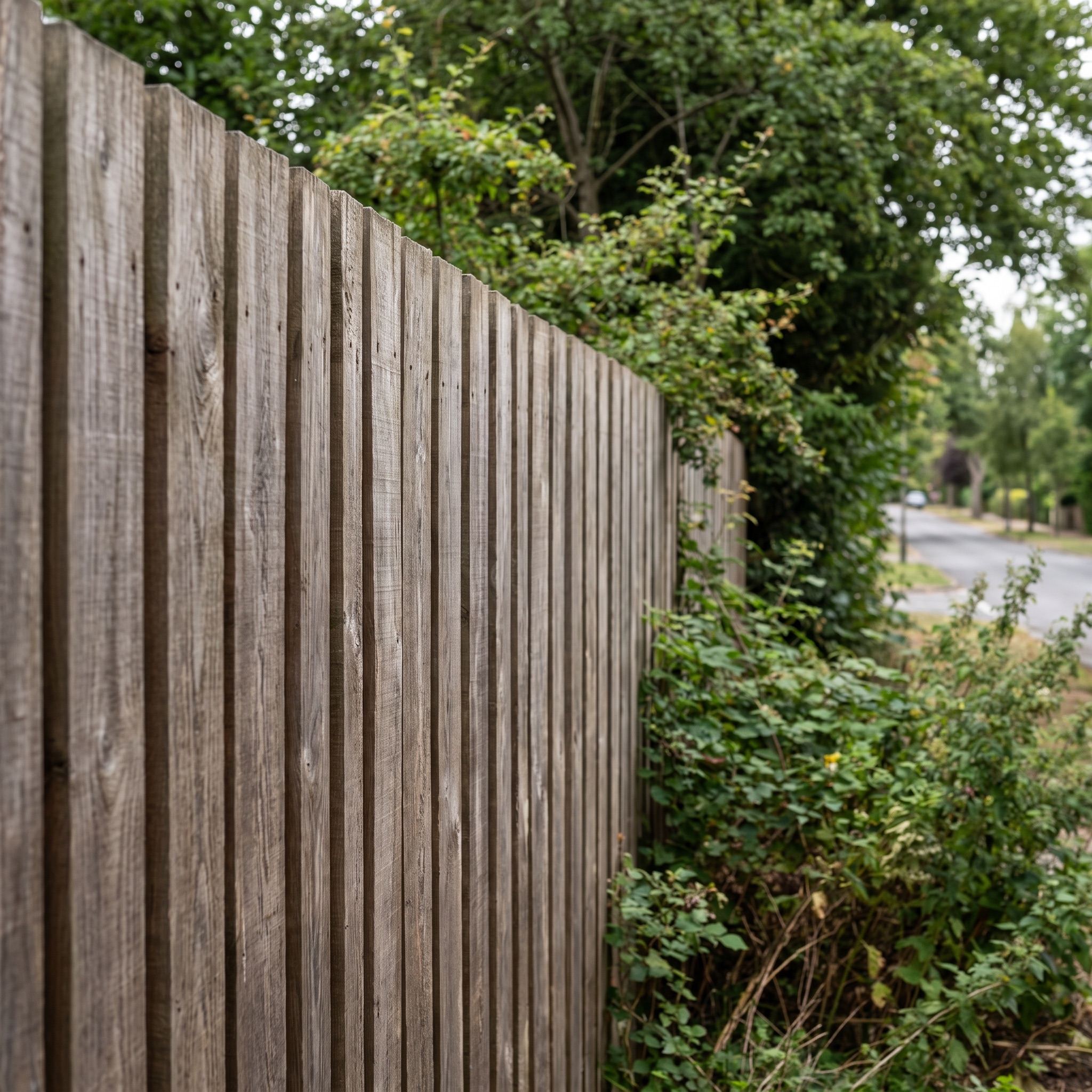 Dense acoustic timber fencing screening a Hertfordshire garden from a road