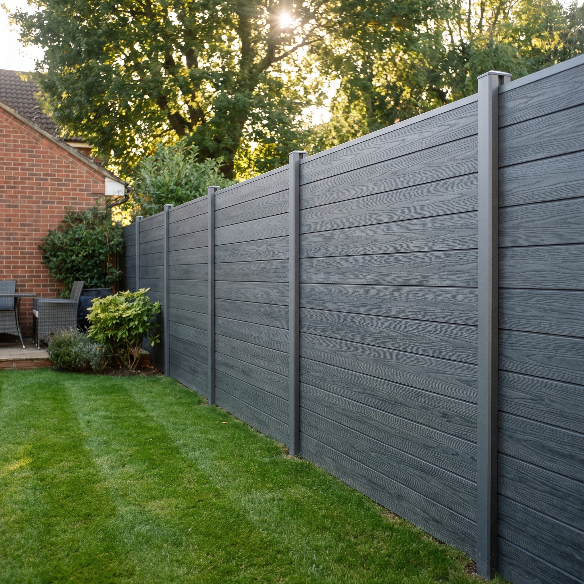 Anthracite composite fencing in a Hertfordshire family garden
