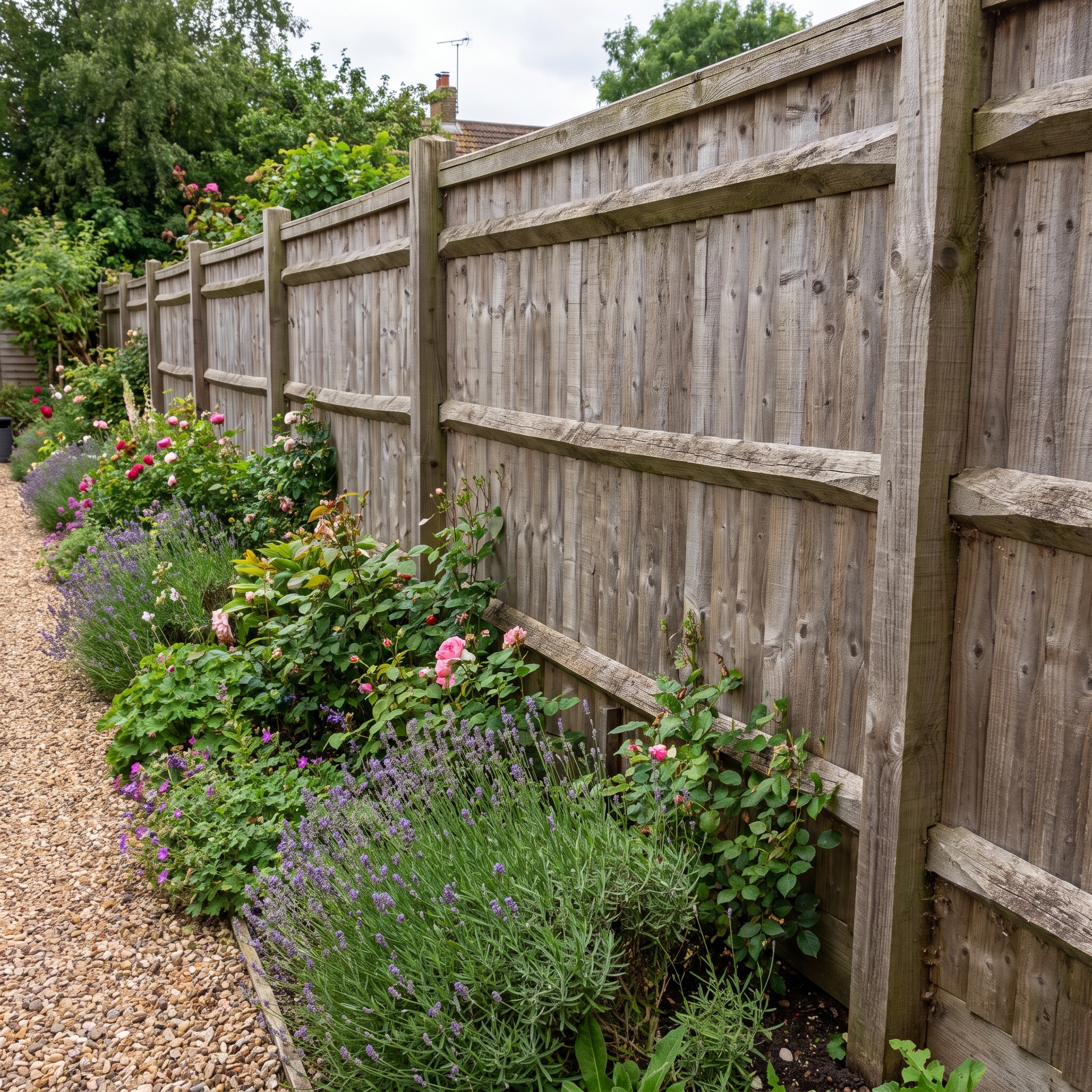 Overlap garden fence panels in a Hertfordshire family garden