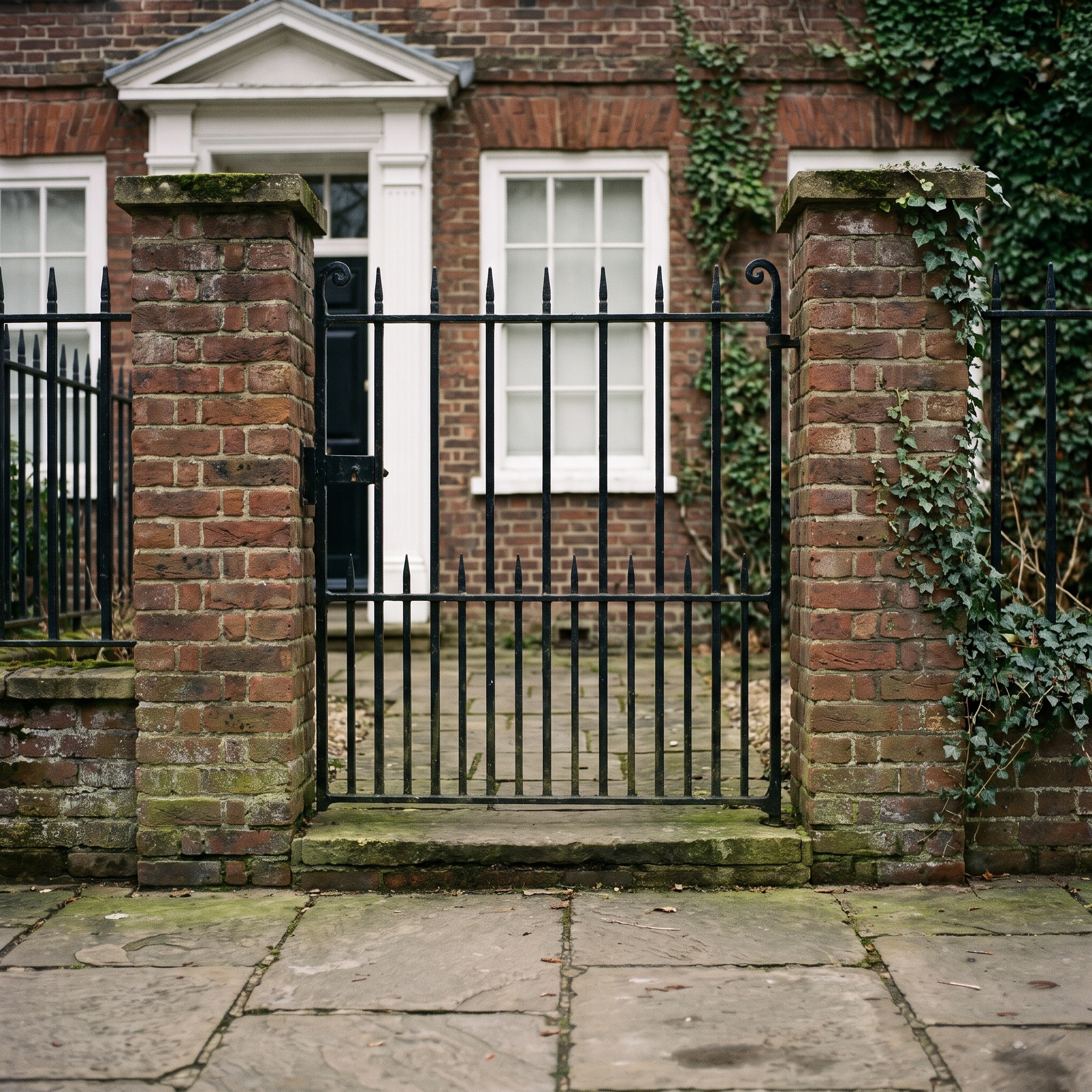 Black powder-coated metal railings and brick piers on a Hertfordshire townhouse